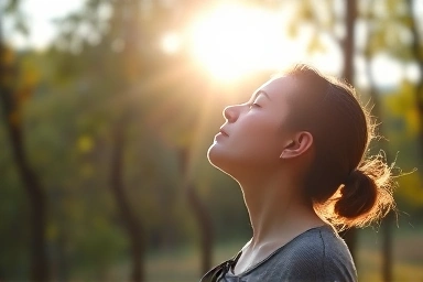 Person breathing deeply in nature, symbolizing respiratory health.