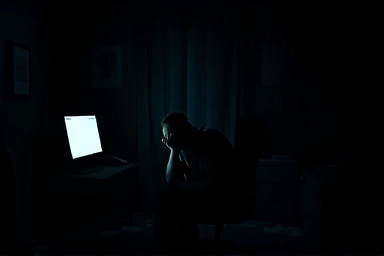 Overwhelmed person experiencing burnout in a dark office.