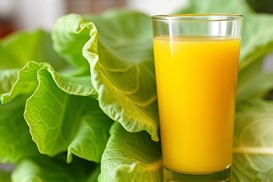 Fresh cabbage and clear cabbage juice on a clean surface.