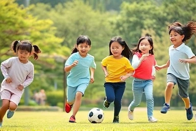 Korean children playing and exercising outdoors.