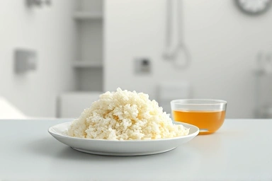 Colonoscopy prep meal: white rice, steamed egg, clear broth.