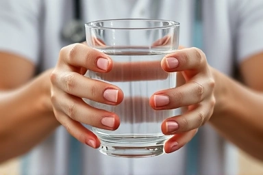 Hydration for medical prep: person holding clear water.