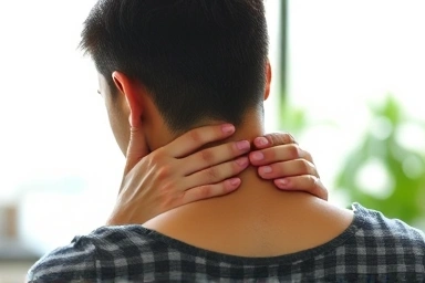 Person feeling neck pain, subtle discomfort.