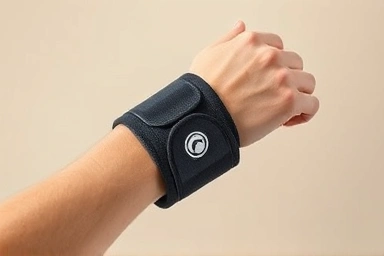Elbow brace on a forearm, relieving pain.