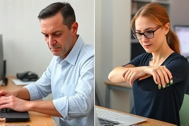 Person using elbow brace for repetitive task relief.