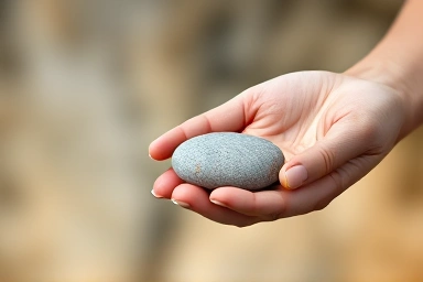 Hand holding a smooth stone, representing grounding and stability.