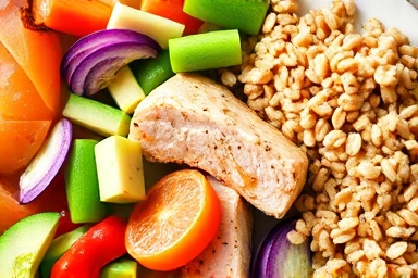 Balanced healthy meal with vegetables, protein, and whole grains