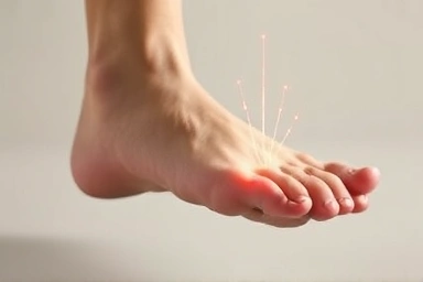 Symbolic foot pain diagram with glowing pressure points.
