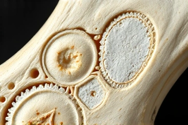 Microscopic view of healthy bone structure and mineral deposits.