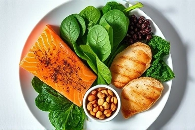 Nutritious meal with salmon, greens, nuts, and lean protein.