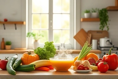 Healthy kitchen counter with fresh vegetables and fruits.