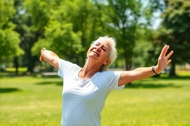 Person stretching peacefully in a sunny park.