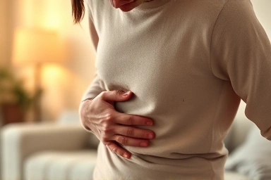 Person experiencing stomach discomfort, seeking relief.