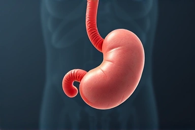 Symbolic image of stomach health versus cellular abnormalities.