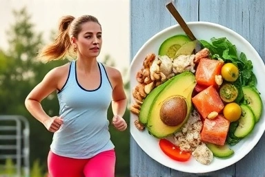 Healthy lifestyle elements: exercise and nutritious food for heart health.