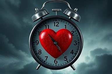 Symbolic heart clock representing critical time for heart attack warning signs.