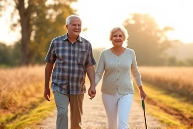 Elderly couple enjoying life, symbolizing long-term health.