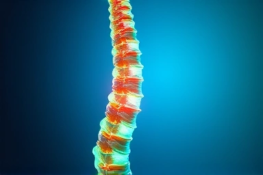Abstract visualization of spinal segmentation and disc health.