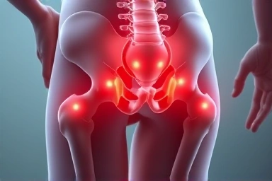 Human hip joint with symbolic energy lines, representing pain and healing.