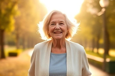 Elderly woman enjoying sunlight, symbolizing bone health.