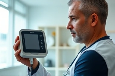 Doctor checking blood pressure monitor for hypertension diagnosis.