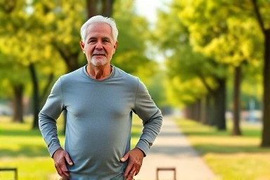 Middle-aged person exercising outdoors for blood pressure management.