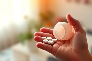 Hand holding hypertension medication pills in morning light.