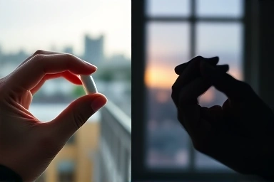 Split image showing taking medication in morning vs. evening.
