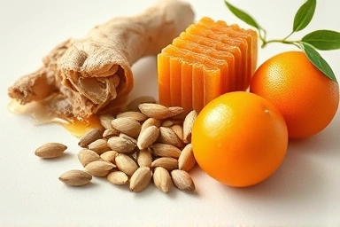 Natural ingredients for immune system health: ginseng, honeycomb, seeds, citrus.