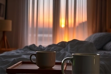 Tranquil bedroom with steaming herbal tea, promoting peaceful sleep.