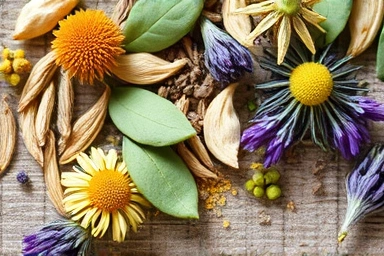 Dried chamomile, lemon balm, and lavender herbs for calming sleep teas.