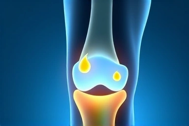 Abstract representation of healing substances entering a knee joint.