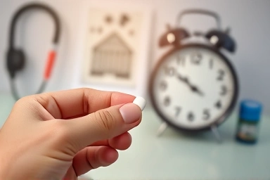Hand holding pill, medical symbols, ticking clock, health focus.
