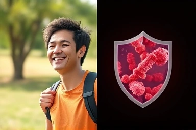 Healthy person outdoors, abstract shield protecting from bacteria.