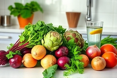 Fresh vegetables and water symbolizing liver health and detoxification.
