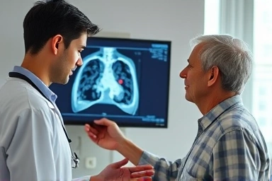 Doctor reassuring patient about lung nodule scan results.