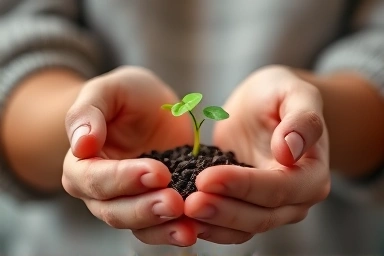 Hands nurturing a glowing seedling, symbolizing mental health recovery.