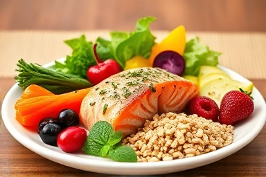 Healthy heart food plate with salmon, vegetables, and berries.