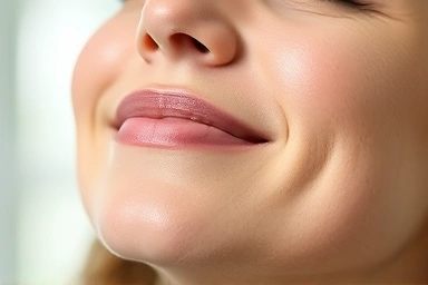 Close-up of a serene face enjoying a clear breath.
