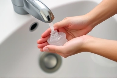 Hand meticulously washing nebulizer mask under clean water.