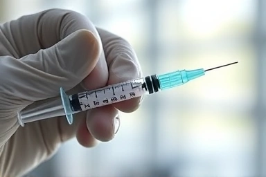 Medical syringe in a clinic setting, representing bone health treatment.