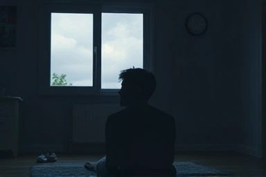 Person struggling with social anxiety looking out window.