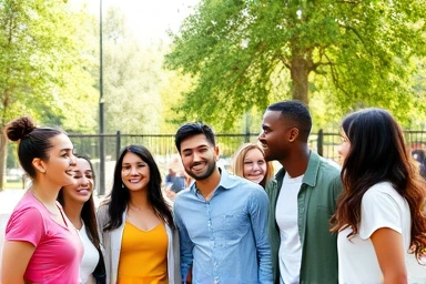 Person joining a happy group, symbolizing connection.
