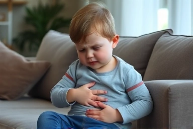 Child with stomach pain looking uncomfortable