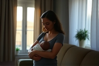 Supportive husband comforts wife experiencing postpartum depression.