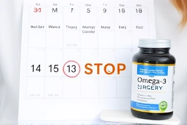 Symbolic representation of omega-3 discontinuation period before surgery.