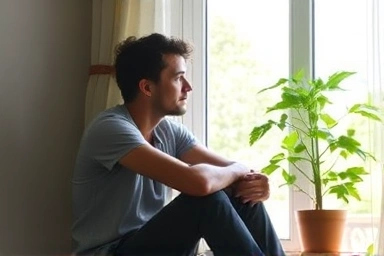 Person by window, sunlight, plant, representing calm and recovery.
