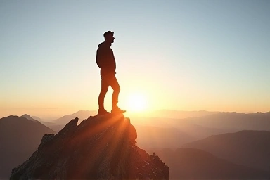 Resilient person on mountain peak at sunrise, symbolizing inner strength.