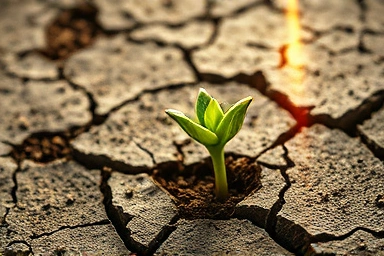Sprout breaking through dry earth towards sunlight, symbolizing growth.