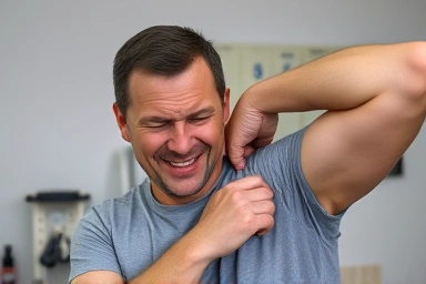 Person feeling sharp shoulder pain during arm movement, medical setting.